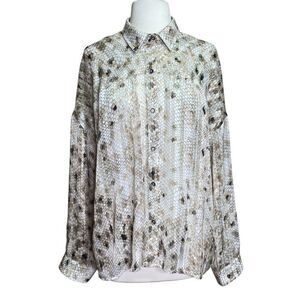 POL Sheer Button Front Blouse Tan and Gold Scale Print Medium